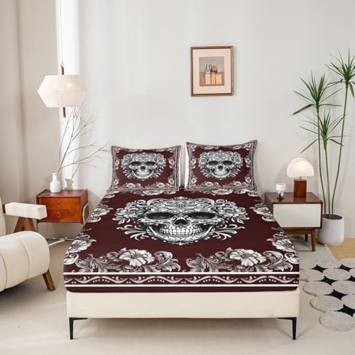 Manfei Gothic Skull Fitted Sheet Set Queen Size 1