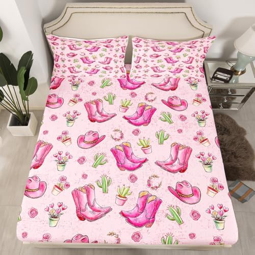 Manfei Western Cowgirl Queen Size Sheet Set with Pillow Cases