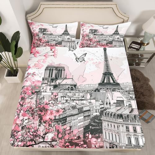 Manfei Pink Flowers Fitted Sheet Set with 2 Pillowcases