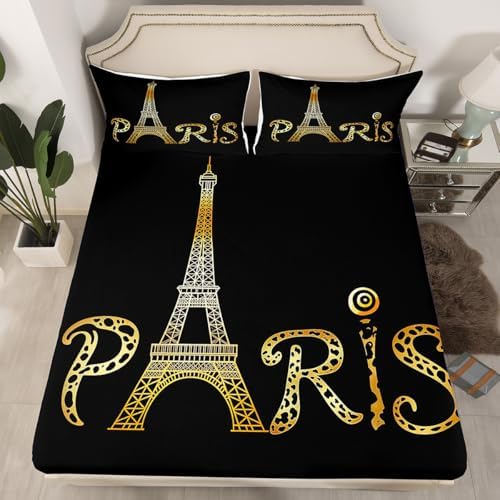 Castle Fairy Eiffel Tower Gold Glitter Sheet Set Twin Size