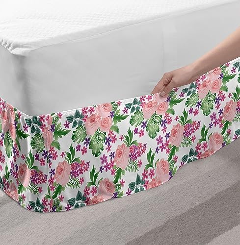 Ambesonne Rose Elastic Bed Skirt with Pastel Blooms Pattern