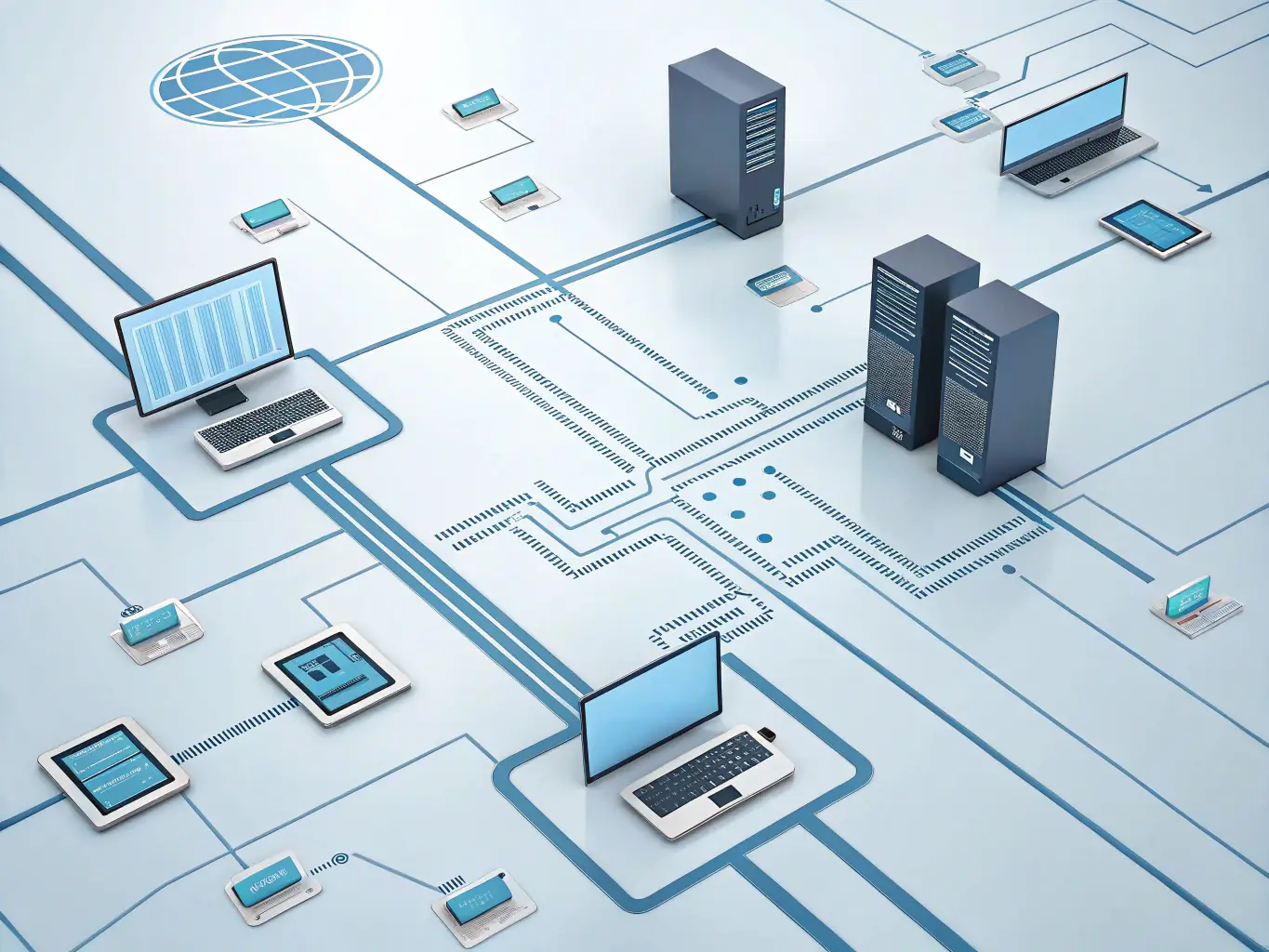 An image depicting a network of interconnected systems and devices working in harmony, representing NEURYXIS LTD's Intelligent System Orchestration service.