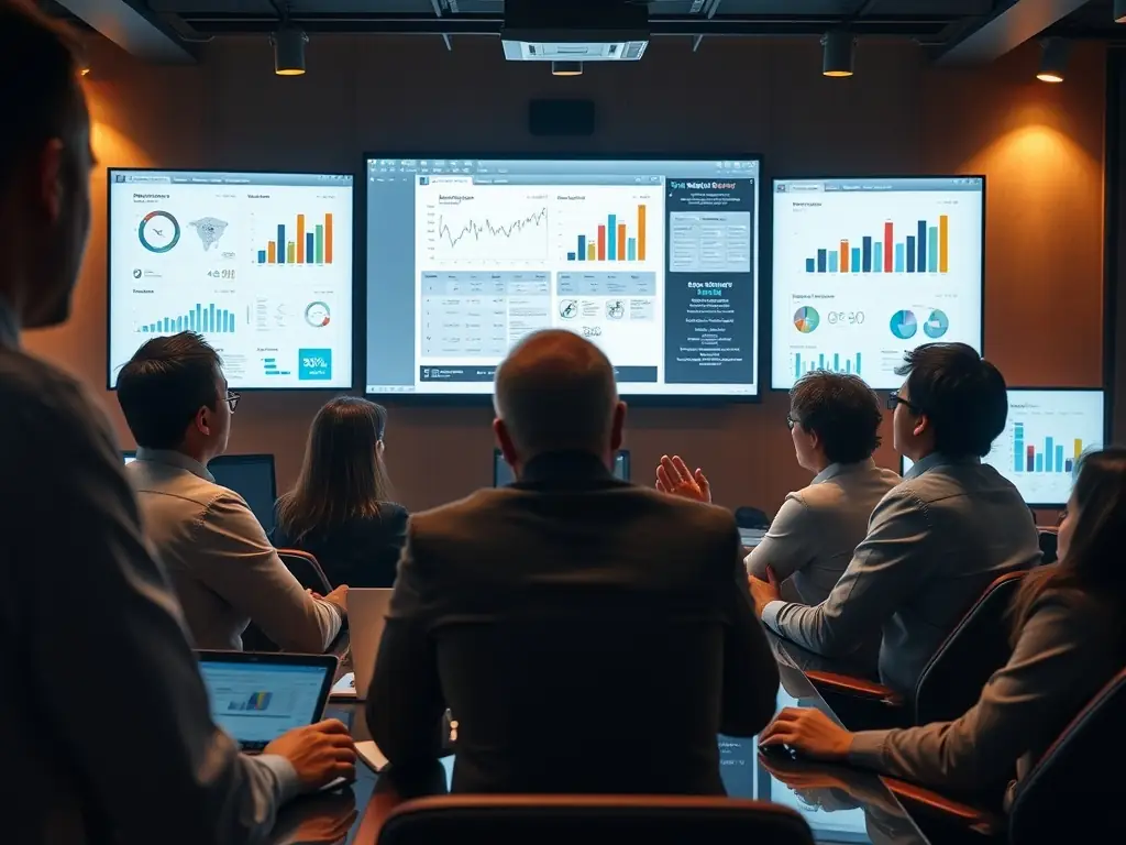 An image showcasing a team of consultants collaborating over a digital strategy map, representing NEURYXIS LTD's Strategic Technology Consulting service.