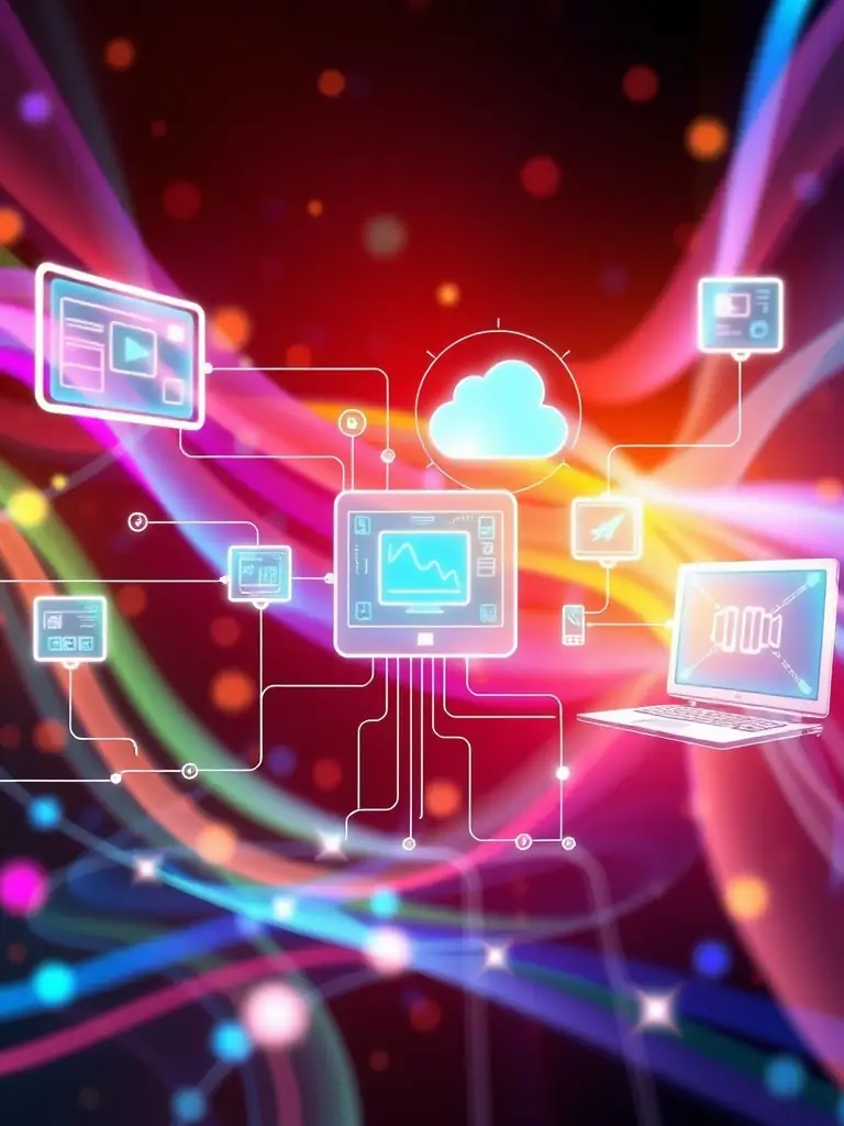 A network of interconnected devices and data streams, illustrating intelligent system orchestration and seamless technology integration for NEURYXIS LTD.