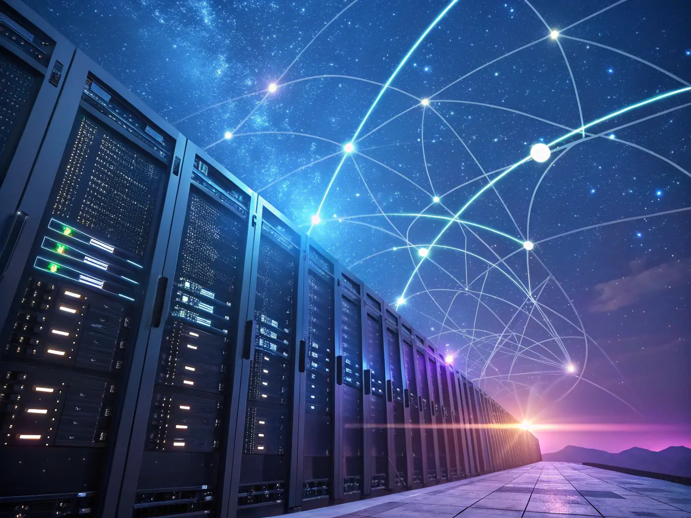 A futuristic image of interconnected nodes representing advanced computing and data analysis, symbolizing NEURYXIS LTD's forward-thinking approach to technology solutions.