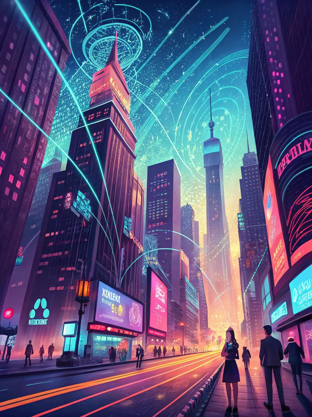 A futuristic cityscape with interconnected nodes representing a quantum computing network, symbolizing strategic technology consulting for NEURYXIS LTD.